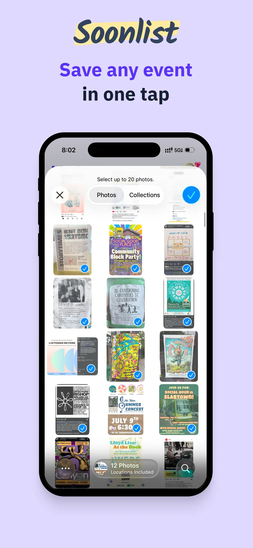Soonlist app store screenshot: Save any event in one tap