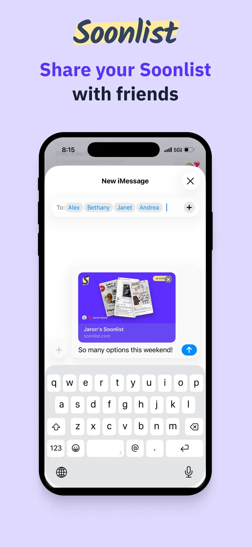 Soonlist app store screenshot: Share your Soonlist with friends